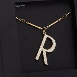Nordstrom Cubic Zirconia "R" Initial GOLD PAPERCLIP CHAIN Pendant Necklace NIB